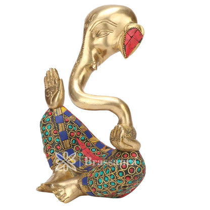 Brassaura™ Brass Trunk Ganesha Multicolor Gem Stone Handwork Idol Ganesh Statue in Modern Art for Home Office Desk Diwali Gift Pooja House Entrance Showpiece Gift Height 23 cm Weight 2.6 Kg