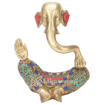 Brassaura™ Brass Trunk Ganesha Multicolor Gem Stone Handwork Idol Ganesh Statue in Modern Art for Home Office Desk Diwali Gift Pooja House Entrance Showpiece Gift Height 23 cm Weight 2.6 Kg