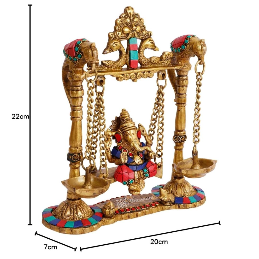 Brassaura™ Ganesh Jhula with Hanging Diya Brass Gemstone Handwork Ganesha Swing Statue Ganpati Jhoola Kirtimukha Idol Murti for Home Decor Office Mandir Gift 25 Cm Height 2 Kg Weight