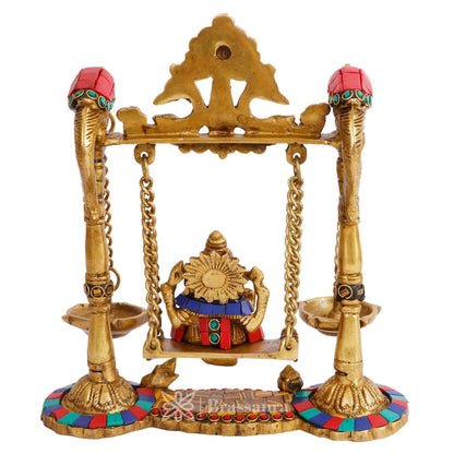 Brassaura™ Ganesh Jhula with Hanging Diya Brass Gemstone Handwork Ganesha Swing Statue Ganpati Jhoola Kirtimukha Idol Murti for Home Decor Office Mandir Gift 25 Cm Height 2 Kg Weight