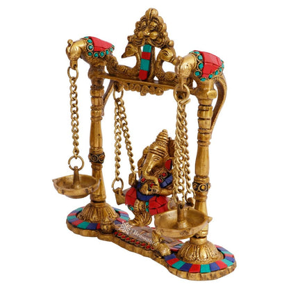 Brassaura™ Ganesh Jhula with Hanging Diya Brass Gemstone Handwork Ganesha Swing Statue Ganpati Jhoola Kirtimukha Idol Murti for Home Decor Office Mandir Gift 25 Cm Height 2 Kg Weight