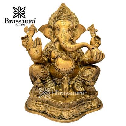Brassaura™ Brass Ganesha Idol for Home and Decor | Weight 14 Kgs | Height 15.35 Inches