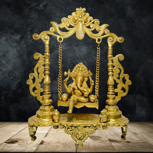 Brassaura™ Brass Ganesha Jhula Statue Big Size for Home and Decor Brass Ganesh Murti for Pooja Room Ganpati Idol for Home Entrace Decor Good Luck Vastu Decoration Weight 7.8 Kg Height 55 cm