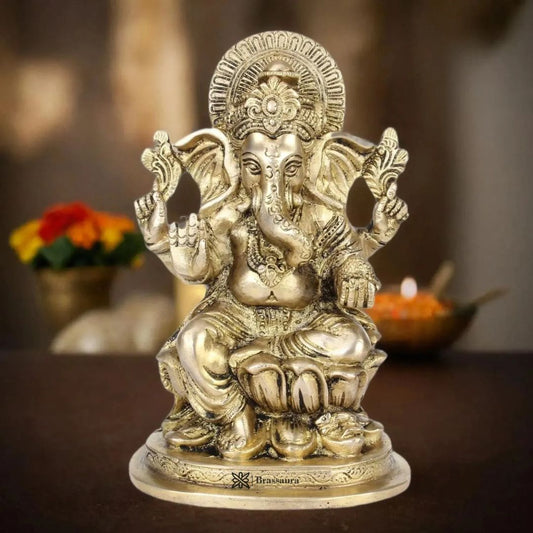 Brass Lotus Ganesha Murti for Home Decor Weight 1.9 Kg Height 20 cm