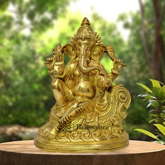 Brassaura™ Brass Chowki Ganesha Statue for Home and Decor Brass Ganesh Murti for Pooja Room Ganpati Idol for Home Entrace Decor Good Luck Vastu Decoration Weight 4.6 Kg Height 35 cm