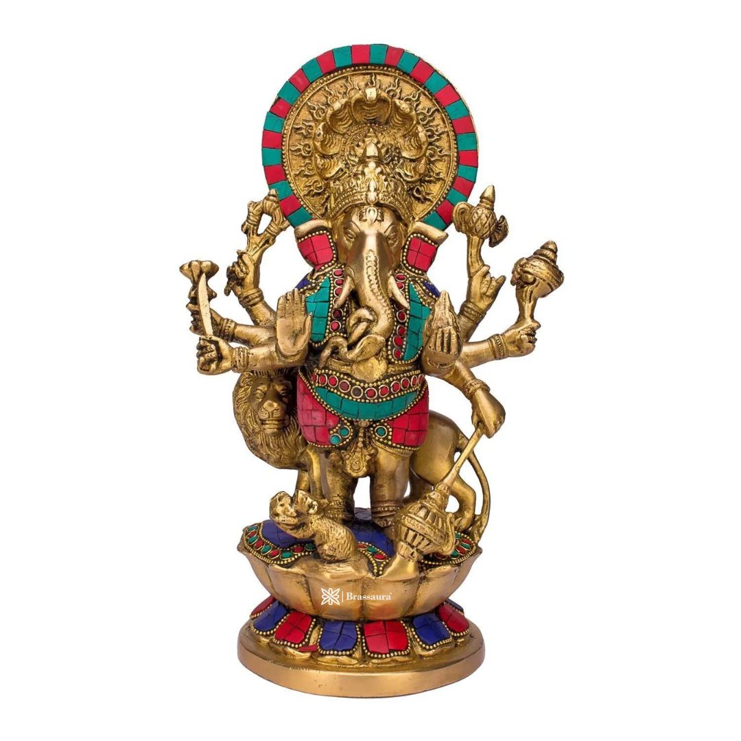 Brassaura™ Large Size Standing Ganesha Statue Brass Murti of Lord Ganpati Ashtabhuja-Dhari Ganesh with Lion for Home Decor Height 33 cm Weight 4 Kg