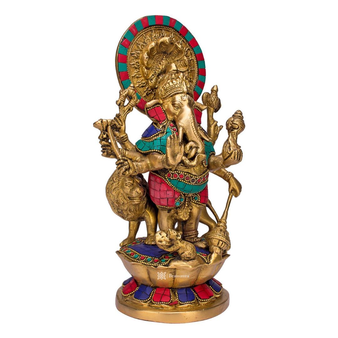 Brassaura™ Large Size Standing Ganesha Statue Brass Murti of Lord Ganpati Ashtabhuja-Dhari Ganesh with Lion for Home Decor Height 33 cm Weight 4 Kg