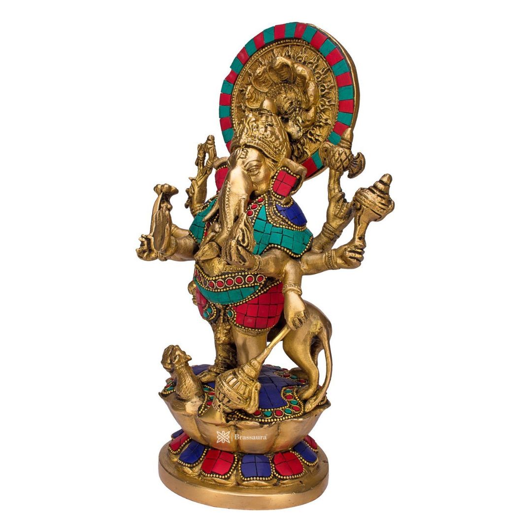 Brassaura™ Large Size Standing Ganesha Statue Brass Murti of Lord Ganpati Ashtabhuja-Dhari Ganesh with Lion for Home Decor Height 33 cm Weight 4 Kg