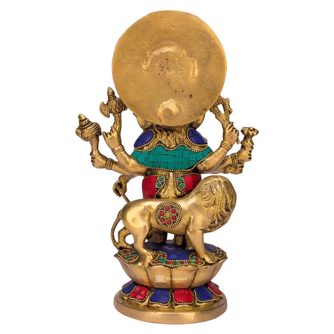 Brassaura™ Large Size Standing Ganesha Statue Brass Murti of Lord Ganpati Ashtabhuja-Dhari Ganesh with Lion for Home Decor Height 33 cm Weight 4 Kg