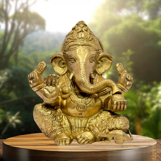 Brassaura™ Brass Golden Ganesha Statue for Home and Decor Brass Ganesh Murti for Pooja Room Ganpati Idol for Home Entrace Decor Good Luck Vastu Decoration Diwali Gift Items Weight 2.1 Kg Height 25 cm