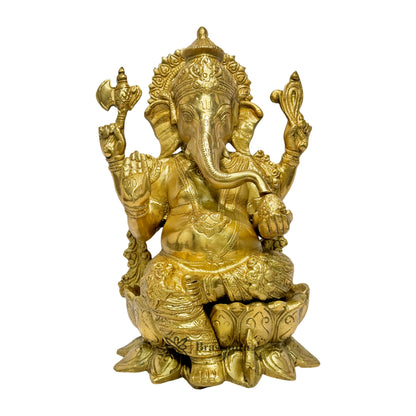 Brassaura™ Brass Ganesha Statue for Home and Decor Brass Lotus Ganesha Murti for Pooja Room Ganpati Idol for Home Entrace Decor Good Luck Vastu Decoration Weight 6.3 Kg Height 35 cm