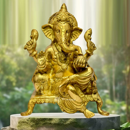 Brassaura™ Brass Golden Color Ganesha Chowki Murti for Home and Decor ShowPiece for Living Room Handmade Brass Modern Artwork for Home Entrance and Good Luck Diwali Gift Height 30 cm Weight 3 Kg