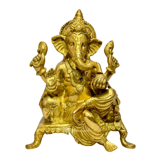 Brassaura™ Brass Golden Ganesha Chowki Statue – Height 11.81 inches & Weight 3 kgs | Traditional Ganpati Murti for Home & Pooja Room
