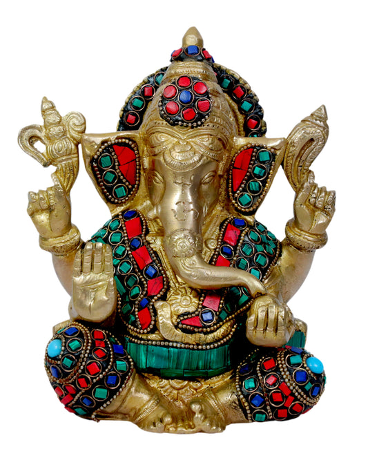 Brassaura™ Ganesha Idol Brass with Multicolor Stone Handwork Ganesh Bhagwan Large Statue God Ganpati Murti for Home Pooja Entrace Decor Good Luck Vastu Decoration Brass Gem Stone Work 2.15 Kg