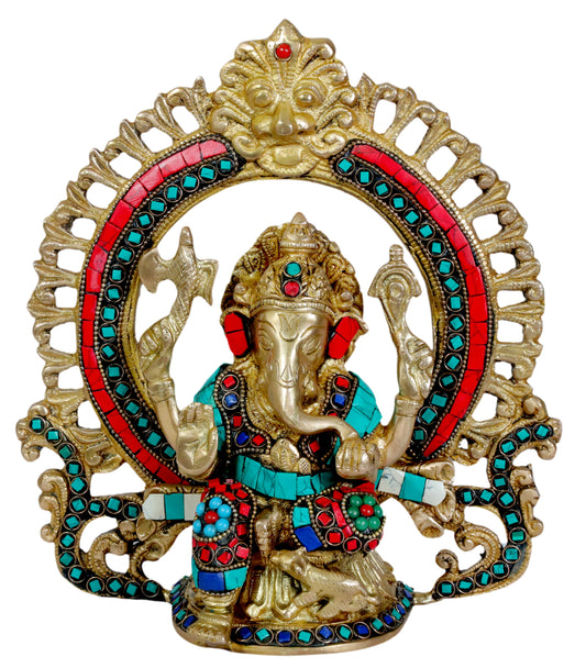 Brassaura™ Brass Gem Stone Work Ganesha Murti for Home and Decor Brass Ganesh Bhagwan Statue for Pooja Ring Ganesha Idols for Home Entrace Decor Decoration Weight 2.6 Kg Height 27 cm