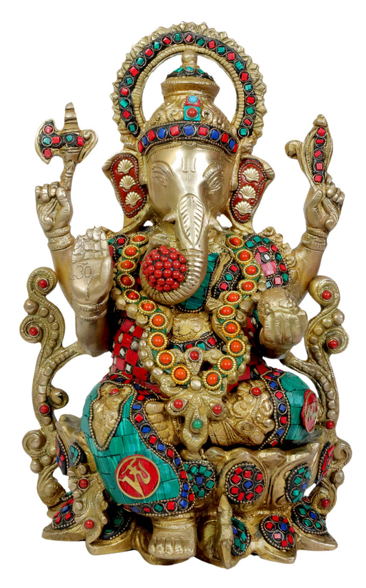 Brassaura™ Ganesha Idol Brass with Multicolor Stone Handwork Ganesh Bhagwan Large Statue God Ganpati Murti for Home Pooja Entrace Decor Good Luck Vastu Decoration Brass Gem Stone Work Gajanan 7.7 Kg