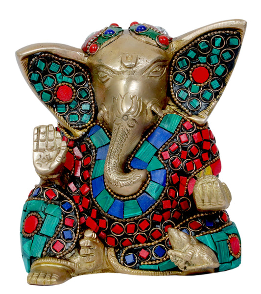 BrassAura Brass Stone Work Ganesha Brass god Idols home and décor gifts item Decorative Showpiece - 11.5 cm  (Brass, Multicolor)