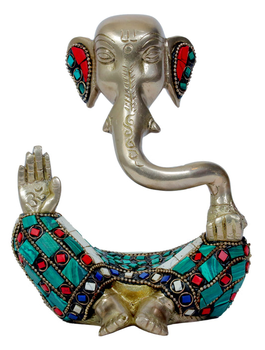 BrassAura Brass Stone Work Ganesha Brass god Idols home and décor gifts item Decorative Showpiece - 14.5 cm  (Brass, Multicolor)