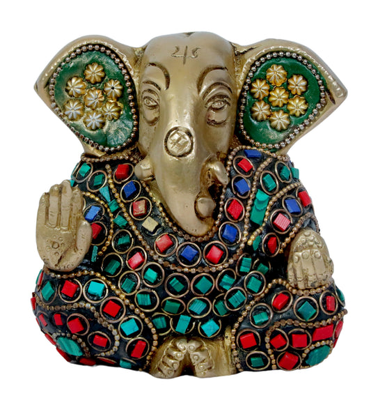 BrassAura Brass Stone Work Ganesha Brass god Idols home and décor gifts item Decorative Showpiece - 9 cm  (Brass, Multicolor)