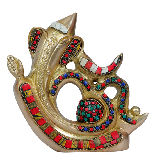 BrassAura Brass Stone Work Ganesha Brass god Idols home and décor gifts item Decorative Showpiece - 18 cm  (Brass, Multicolor)