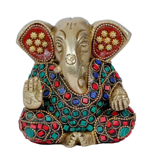 BrassAura Brass Stone Work Ganesha Brass god Idols home and décor gifts item Decorative Showpiece - 9 cm  (Brass, Multicolor)