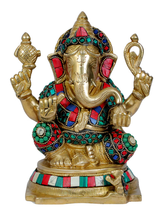 BrassAura Brass Stone Work Ganesha Brass god Idols home and décor gifts item Decorative Showpiece - 18 cm  (Brass, Multicolor)