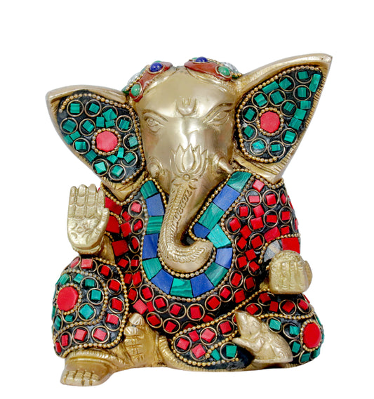 BrassAura Brass Stone Work Ganesha Brass god Idols home and décor gifts item Decorative Showpiece - 11.5 cm  (Brass, Multicolor)