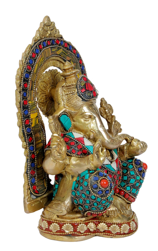 Brassaura Gemstone-Embellished Brass Ganesha Murti for Home & Temple Décor | Height 10.2 Inches