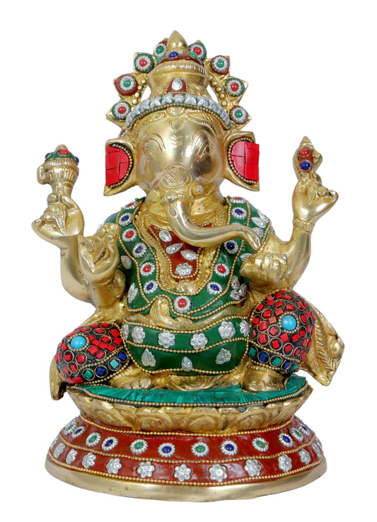 BrassAura Brass Stone Work Ganesha Brass god Idols home and décor gifts item Decorative Showpiece - 23.5 cm  (Brass, Multicolor)