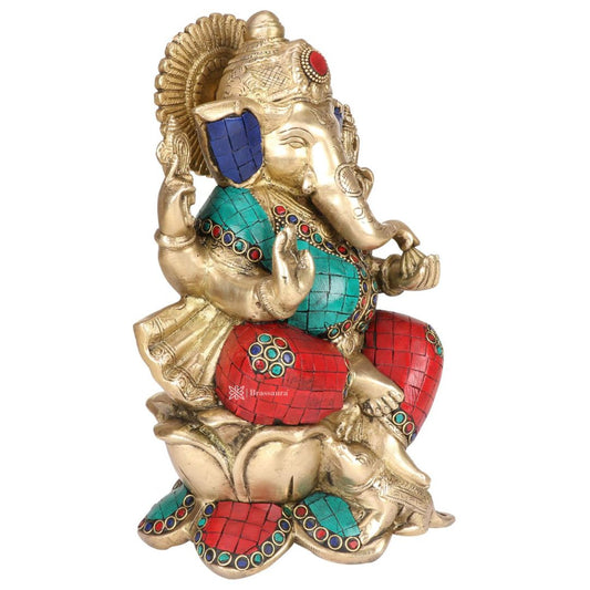 Brassaura™ Brass Multicolor Gemstone Ganesha Sitting on Lotus – Height 9.84 inches | Weight 4 kgs