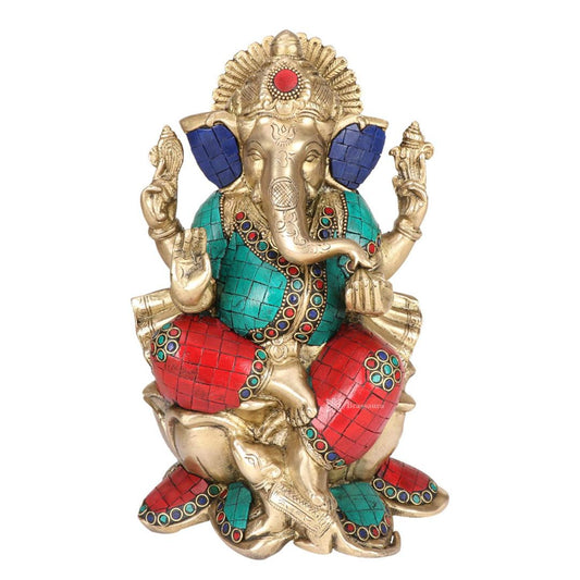 Brassaura™ Brass Ganesha Sitting on Lotus Multicolor Gemstone Handwork Ganpati Murti Metal Statue for Home Office Entrance Decor Diwali Pooja Height 25 cm Weight 4 kg