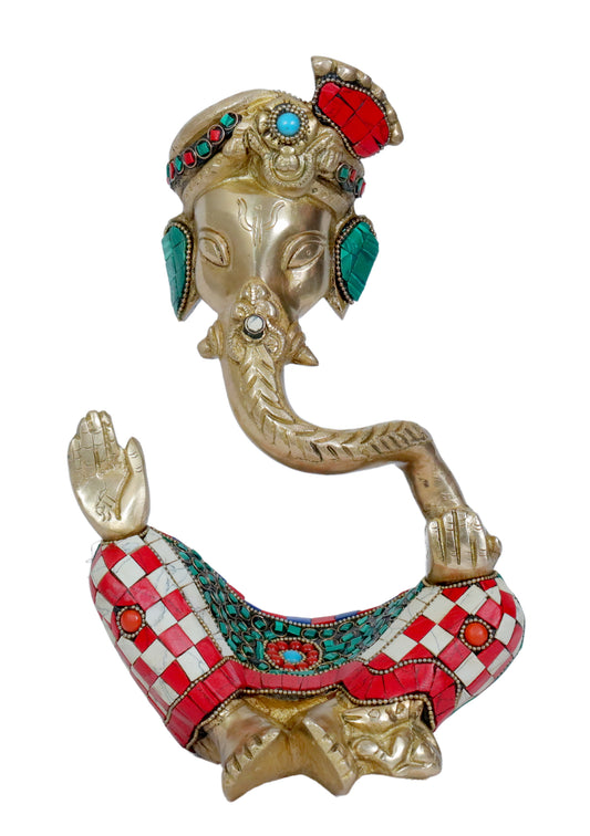 BrassAura Brass Stone Work Ganesha Brass god Idols home and décor gifts item Decorative Showpiece - 25.5 cm  (Brass, Multicolor)