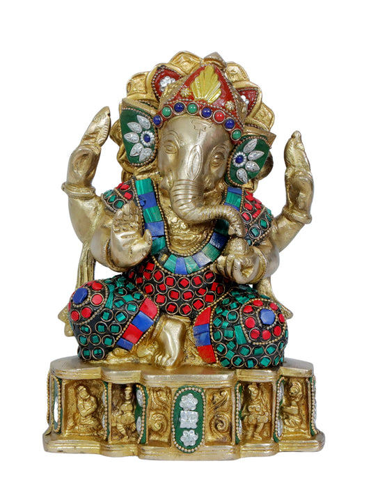 BrassAura Brass Stone Work Ganesha Brass god Idols home and décor gifts item Decorative Showpiece - 21 cm  (Brass, Multicolor)