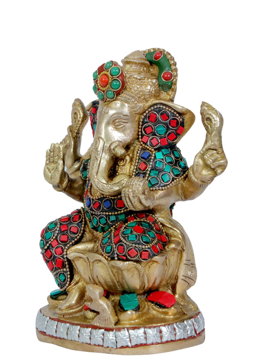 BrassAura Brass Stone Work Ganesha Brass god Idols home and décor gifts item Decorative Showpiece - 16.5 cm  (Brass, Multicolor)