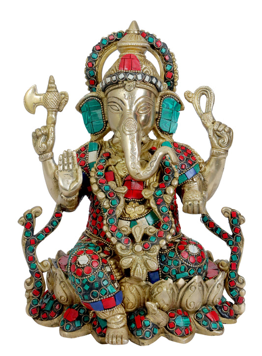 BrassAura Brass Stone Work Ganesha Brass god Idols home and décor gifts item Decorative Showpiece - 24 cm  (Brass, Multicolor)