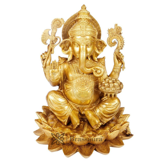 Brassaura™ Exquisite Brass Lotus Ganesha for Home & Temple Décor | Height 11.8 Inches & Weight 8 Kgs