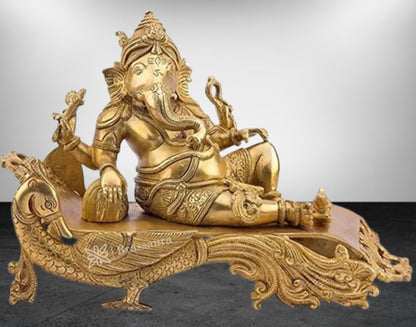 BrassAura Brass Ganesh Bhagwan Idol Resting Position Virajman Designer peacock 4 Kg Decorative Showpiece - 7.5 cm  (Brass, Gold)