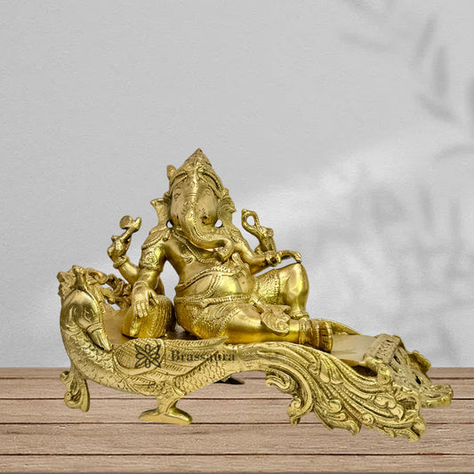 Brassaura™ Big Size Brass Ganesh Bhagwan Idol Resting Position Virajman on Designer Peacock Couch Ganesha Ganapati Ganpati Puja Decor Gift Sculpture Bhagwan Entrance Home Warming Vastu Decor 4 Kg