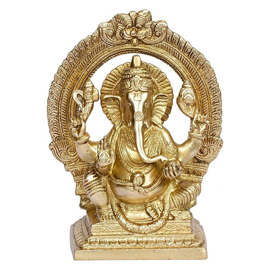 BrassAura Brass Ganesh Idol Statue Elephant Murti God Ganesha Vinayak Ganpati Vastu Decorative Showpiece - 15.4 cm  (Brass, Gold)