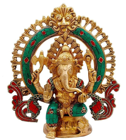 BrassAura Brass Ganesha Taj Bhagwan Ganpati Murti Idol for Home Office Decoration Statue Decorative Showpiece - 22.9 cm  (Brass, Multicolor)