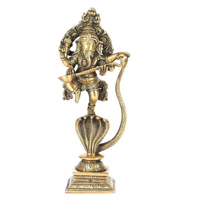 Brassaura™ Brass Dancing Ganesha on Shesnaag Murti for Home and Decor Brass Ganesh Bhagwan Statue for Pooja Room Ganesha Idols for Home Entrace Decor Good Luck Decoration Weight 2.5 Kg Height 8 cm