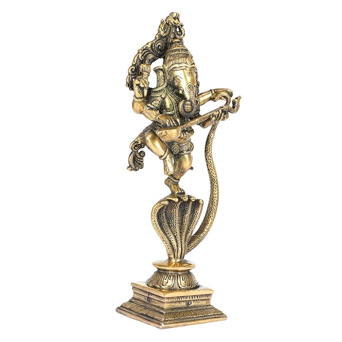 Brassaura™ Brass Dancing Ganesha on Shesnaag Murti for Home and Decor Brass Ganesh Bhagwan Statue for Pooja Room Ganesha Idols for Home Entrace Decor Good Luck Decoration Weight 2.5 Kg Height 8 cm