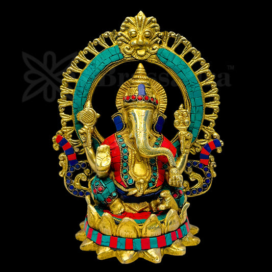 Brassaura™ Brass Gem Stone Work Ring Ganesha Murti for Home and Decor Brass Ganesh Bhagwan Statue for Pooja Room Ganesha Idols for Home Entrace Decor Good Luck Decoration Weight 3.3 Kg Height 24 cm