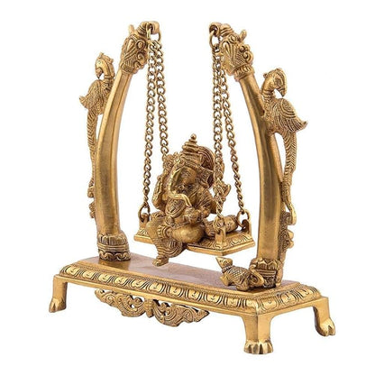 Brassaura™ Brass Ganesha Murti for Home and Decor Brass Ganesh Bhagwan Statue for Pooja Room Ganesha Jhula Idols for Home Entrace Decor Good Luck Vastu Decoration Weight 3 Kg Height 39 cm