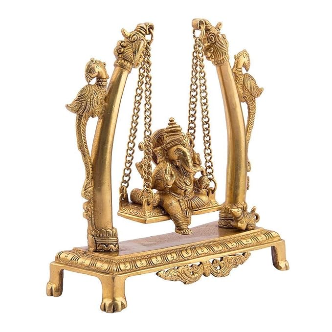 Brassaura™ Brass Ganesha Murti for Home and Decor Brass Ganesh Bhagwan Statue for Pooja Room Ganesha Jhula Idols for Home Entrace Decor Good Luck Vastu Decoration Weight 3 Kg Height 39 cm