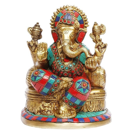 Brassaura™ Brass Gem Stone Work Ganesha Murti for Home and Decor Brass Ganesh Bhagwan Statue for Pooja Room Ganesha Idols for Home Entrace Decor Good Luck Vastu Decoration Weight 2.80 Kg Height 21 cm