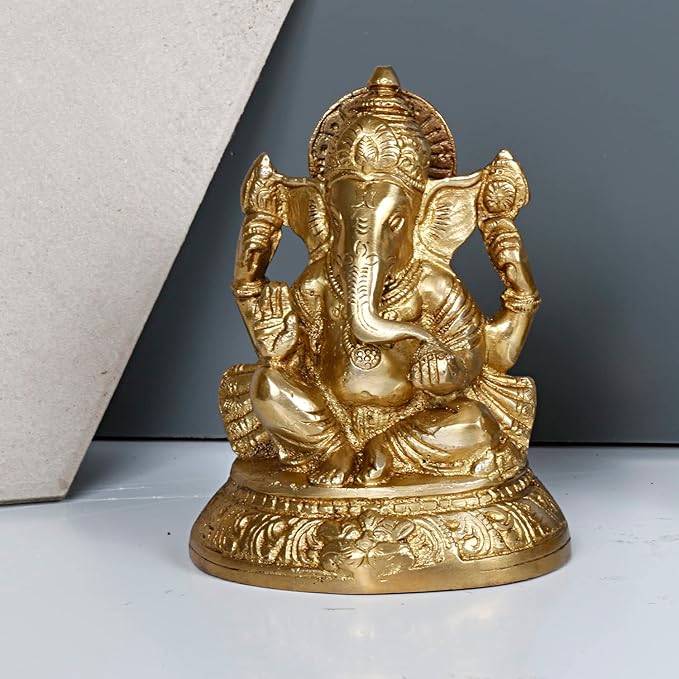 Brassaura™ Brass Ganesha Murti for Home and Decor Brass Ganesh Bhagwan Statue for Pooja Room Ganesha Idols for Home Entrace Decor Good Luck Vastu Decoration Weight 1.25 Kg Height 15 cm