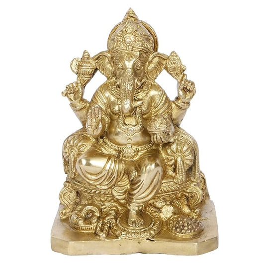 Brassaura™ Brass Gem Stone Work Ganesha Murti for Home and Decor Brass Ganesh Bhagwan Statue for Pooja Room Ganesha Idols for Home Entrace Decor Good Luck Vastu Decoration Weight 1.9 Kg Height 21 cm