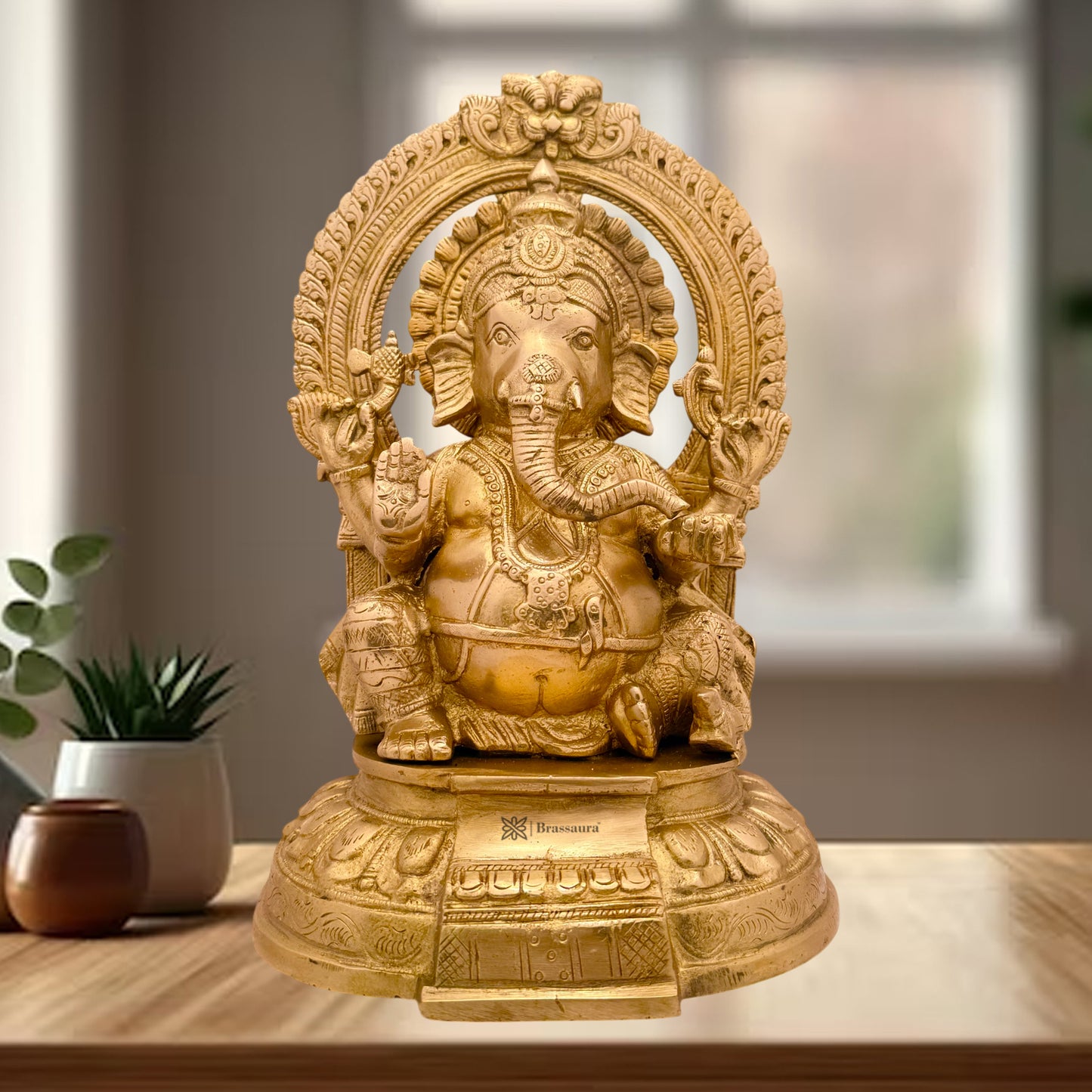 Brassaura™ Brass Ganesha Sitting on Singhasan – Height 12.99 inches | Weight 5.3 kgs