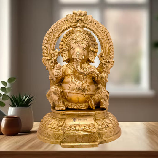 Brassaura™ Brass Ganesha Sitting on Singhasan – Height 12.99 inches | Weight 5.3 kgs